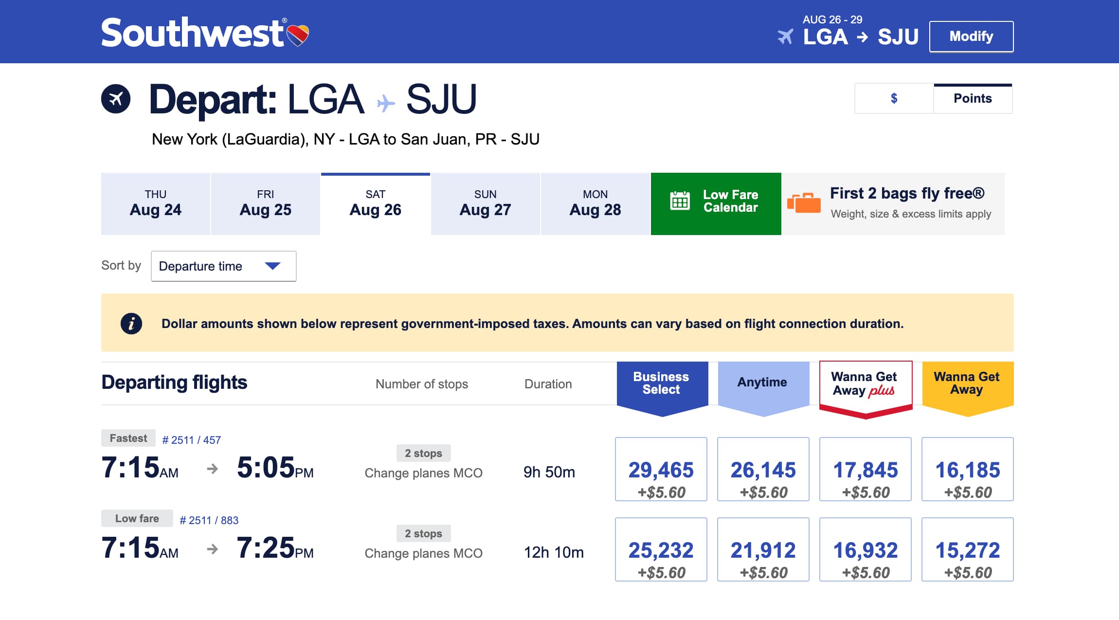 Redeem Southwest Points from LGA to SJU